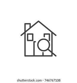 Home search with magnifying glass line icon, outline vector sign, linear style pictogram isolated on white. Symbol, logo illustration. Editable stroke