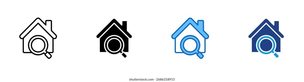 Startseite Suche Multiple Style Icon Design Vector - Haus mit Lupe, die Suche nach Immobilien, Haussuche und Immobilien-Lookup darstellt
