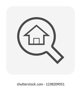 Home search vector icon. Include magnifying glass and sign of home building. For concept i.e. find, research, inspection, looking, discover, survey. Also for buy, sell, rent, agent, mortgage and loan.