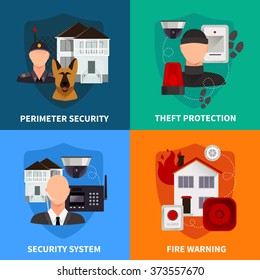 Home security 2x2 flat design concept set of theft protection fire warning and electronic alarm systems vector illustration  