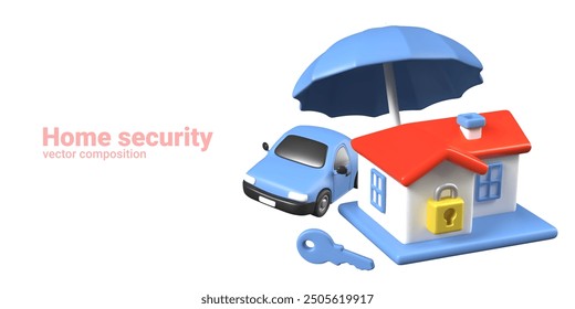 Home security. 3D house and car covered with umbrella, key