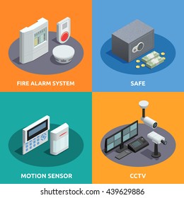 Home security 4 isometric icons square with motion sensor fire alarm system and cctv abstract isolated vector illustration 