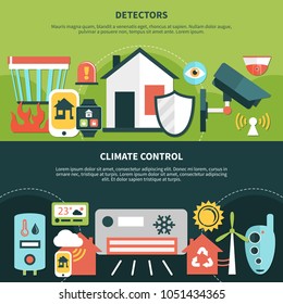 Home security banners with detectors, equipment for climate control on green and black background isolated vector illustration 