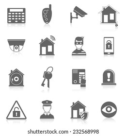 Home Security Burglar Alarm System Black Icons Set Isolated Vector Illustration