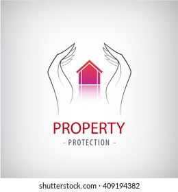 Home security business symbol. Unique icon concept for insurance company or guard company. Vector property protection logo, house guard, security logo. Hands holding house illustration