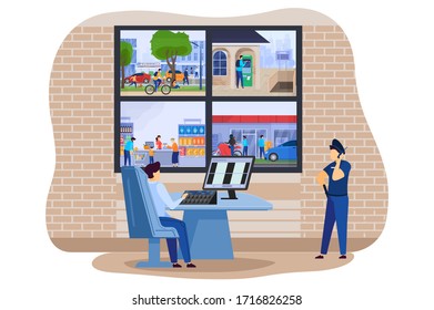 Home security camera monitors in police office with clever house thief guard alarm system vector illustration. Securing and protection system technology policeman secure monitoring cameras.