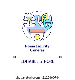 Home security cameras concept icon. Smart home gear abstract idea thin line illustration. Outdoor and indoor surveillance. Isolated outline drawing. Editable stroke. Arial, Myriad Pro-Bold fonts used