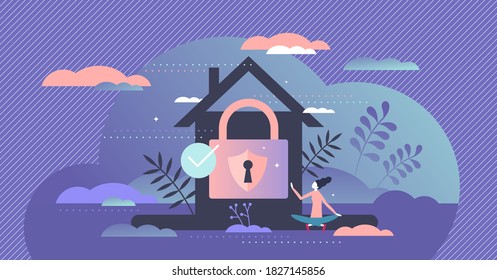 Home security care with lock, shield and alarm for peace and harmony feeling tiny person concept. House protection from thieves and burglary vector illustration. Defense system for building control.