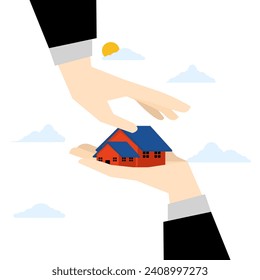 home security concept. home is in the hands of the businessman and the other side is protected as a safeguard. home budget or home maintenance, real estate or property protection. vector illustration.