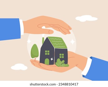 Home security concept. Real estate or property protection. House insurance, house in businessman palm with other hand cover to protect as insurance coverage. Modern flat vector illustration.