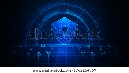 Home security concept.Security with shield symbol and icon different things in the house on dark Blue hi tech background.Vector illustration Eps10.