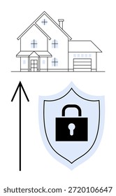Home security, cybersecurity, data protection, residential safety, smart home systems, secure architecture. A house with a shield and lock icon. Home security and cybersecurity concept