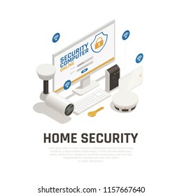 Home security design concept with video surveillance system and fire alarm working online by wifi service isometric vector illustration 