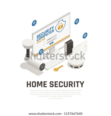 Home security design concept with video surveillance system and fire alarm working online by wifi service isometric vector illustration 