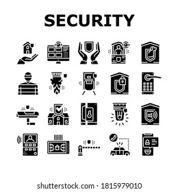 Home Security Device Collection Icons Set Vector. Motion Sensor And Cctv Camera, Alarm Siren And Lock With Password Home Security And Protect Equipment Glyph Pictograms Black Illustrations
