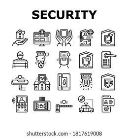 Home Security Device Collection Icons Set Vector. Motion Sensor And Cctv Camera, Alarm Siren And Lock With Password Home Security And Protect Equipment Black Contour Illustrations