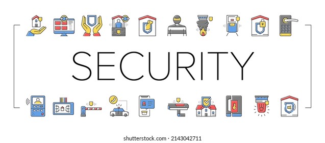 Home Security Device Collection Icons Set Vector. Motion Sensor And Cctv Camera, Alarm Siren And Lock With Password Home Security And Protect Equipment Color Contour Illustrations