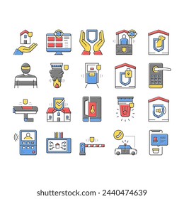 Home Security Device Collection Icons Set Vector. Motion Sensor And Cctv Camera, Alarm Siren And Lock With Password Home Security And Protect Equipment Color Contour Illustrations