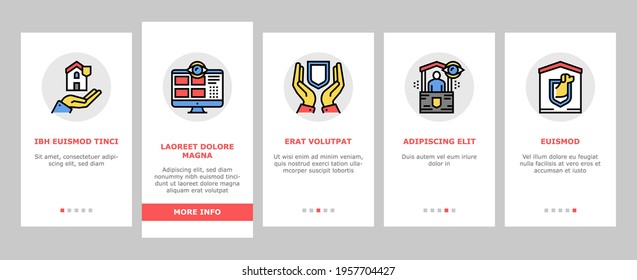 Home Security Device Onboarding Mobile App Page Screen Vector. Motion Sensor And Cctv Camera, Alarm Siren And Lock With Password Home Security And Protect Equipment Illustrations