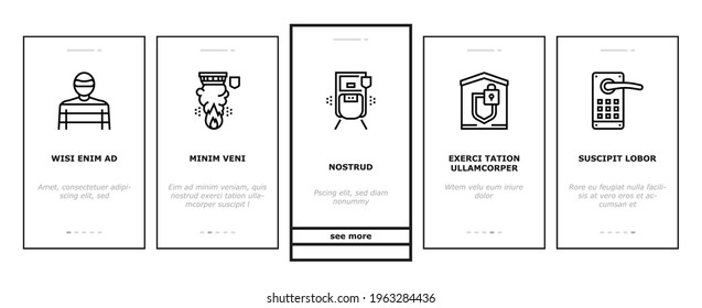 Home Security Device Onboarding Mobile App Page Screen Vector. Motion Sensor And Cctv Camera, Alarm Siren And Lock With Password Home Security And Protect Equipment Illustrations