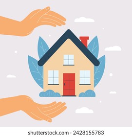 Home security. Female hands and a small house. Concept of the safe place. Real estate insurance. Flat vector illustration. 