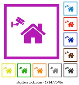 Home security flat color icons in square frames on white background