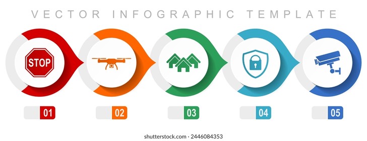 Plantilla de infografía de diseño plano de seguridad para el hogar, símbolos diversos como señal de alto, dron, casa, cámara de cctv y candado para aplicaciones de diseño web y móviles, colección de iconos vectoriales