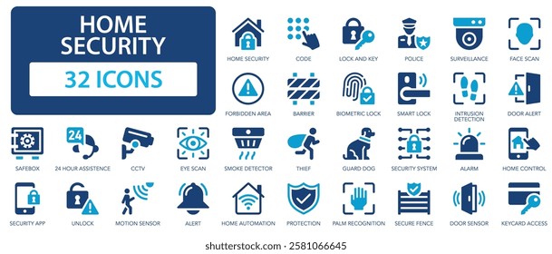 Home security flat icons collection. Code, lock, key, alarm, biometric lock, police, thief, CCTV, barrier sign set.
