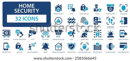 Home security flat icons collection. Code, lock, key, alarm, biometric lock, police, thief, CCTV, barrier sign set.
