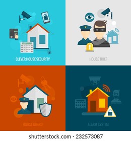 Home Security Flat Icons Set With Clever House Thief Guard Alarm System Isolated Vector Illustration