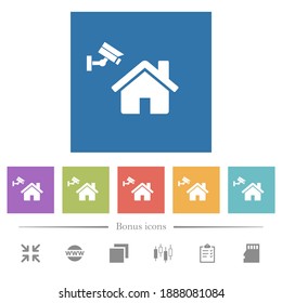 Home security flat white icons in square backgrounds. 6 bonus icons included.
