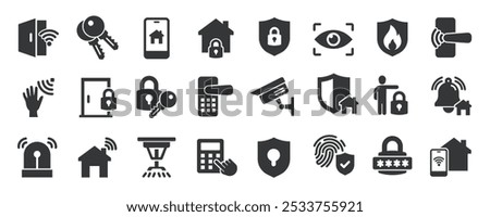 Home security glyph solid icons collection. Containing protection, guard, sceurity camera, alarm . Minimal icon and symbol series vector illustration