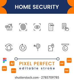 Home security icon collection with surveillance, alarms, smart locks and safety symbols modern minimal vector design