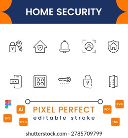 Home security icon collection with surveillance, alarms, smart locks and safety symbols modern minimal vector design