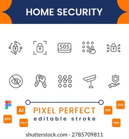 Home security icon collection with surveillance, alarms, smart locks and safety symbols modern minimal vector design