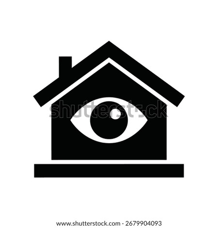 Home security icon with a house and an eye symbolizing surveillance system property monitoring and smart home protection from theft and intrusion