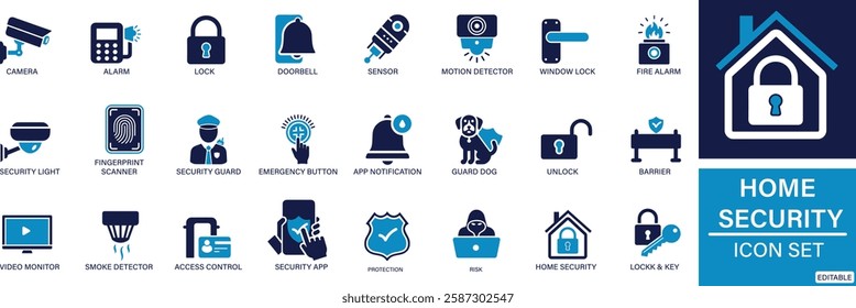 Home security icon set Camera, Alarm, Lock, Doorbell, Sensor, Motion Detector, Keypad, Safe, Window Lock, You can easily change the color.