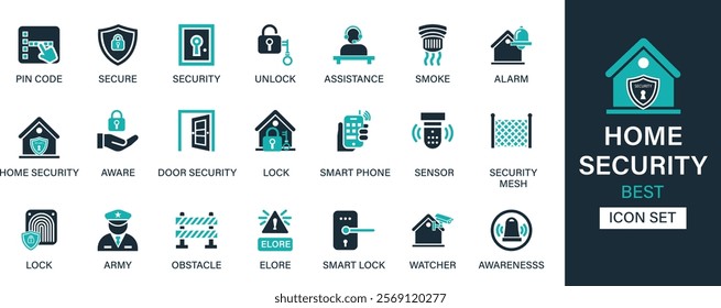 Home security icon set collection. Pin code, secure, unlock, assistance, smoke, alarm, awareness, door security, lock, sensor, watcher and best solid icon set.