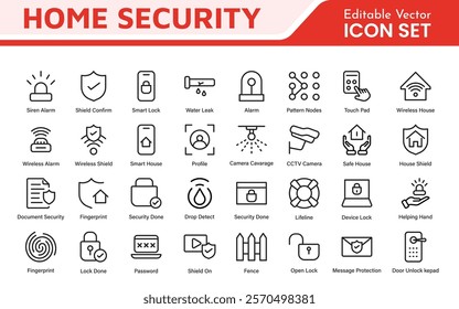 Home Security Icon Set. A comprehensive collection of icons focused on safety and protection, perfect for enhancing security apps, websites, and marketing materials aimed at home safety solutions.