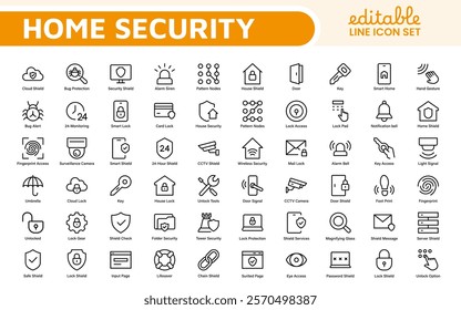 Home Security Icon Set. A comprehensive collection of icons focused on safety and protection, perfect for enhancing security apps, websites, and marketing materials aimed at home safety solutions.