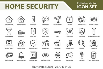 Home Security Icon Set. A comprehensive collection of icons focused on safety and protection, perfect for enhancing security apps, websites, and marketing materials aimed at home safety solutions.