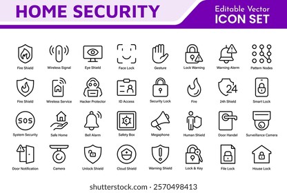 Home Security Icon Set. A comprehensive collection of icons focused on safety and protection, perfect for enhancing security apps, websites, and marketing materials aimed at home safety solutions.