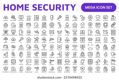 Home Security Icon Set. A comprehensive collection of icons focused on safety and protection, perfect for enhancing security apps, websites, and marketing materials aimed at home safety solutions.