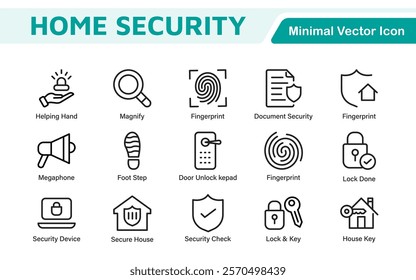 Home Security Icon Set. A comprehensive collection of icons focused on safety and protection, perfect for enhancing security apps, websites, and marketing materials aimed at home safety solutions.