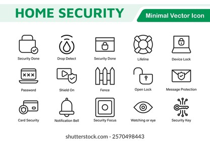 Home Security Icon Set. A comprehensive collection of icons focused on safety and protection, perfect for enhancing security apps, websites, and marketing materials aimed at home safety solutions.
