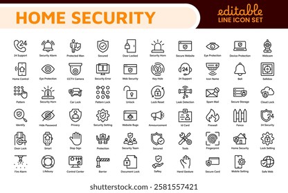 Home Security Icon Set. A comprehensive collection of icons focused on safety and protection, perfect for enhancing security apps, websites, and marketing materials aimed at home safety solutions.