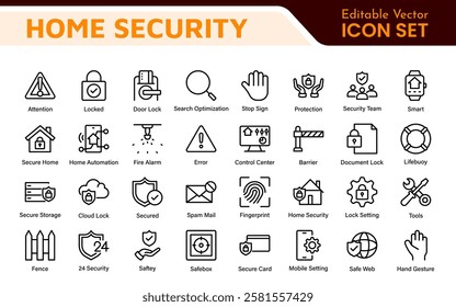 Home Security Icon Set. A comprehensive collection of icons focused on safety and protection, perfect for enhancing security apps, websites, and marketing materials aimed at home safety solutions.