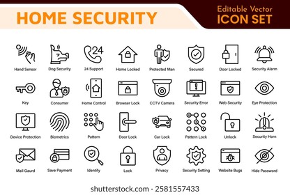 Home Security Icon Set. A comprehensive collection of icons focused on safety and protection, perfect for enhancing security apps, websites, and marketing materials aimed at home safety solutions.