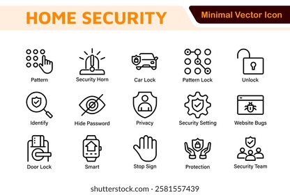 Home Security Icon Set. A comprehensive collection of icons focused on safety and protection, perfect for enhancing security apps, websites, and marketing materials aimed at home safety solutions.