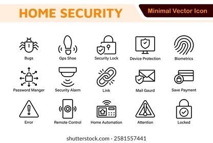 Home Security Icon Set. A comprehensive collection of icons focused on safety and protection, perfect for enhancing security apps, websites, and marketing materials aimed at home safety solutions.